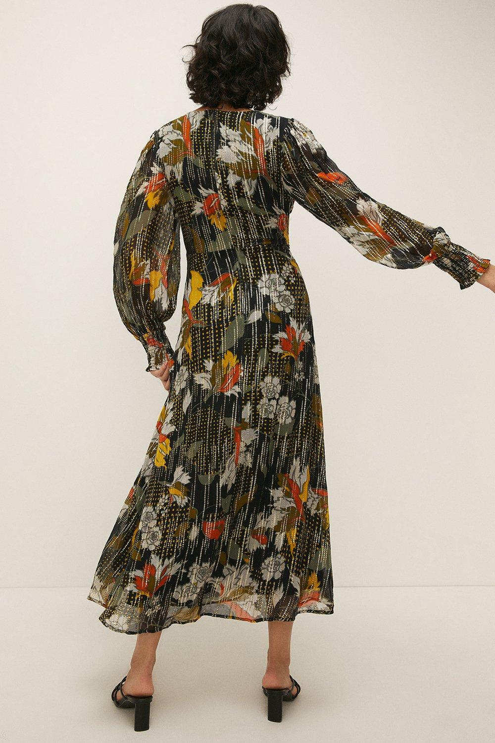 Autumn Floral Metallic Print Midi Dress ...
